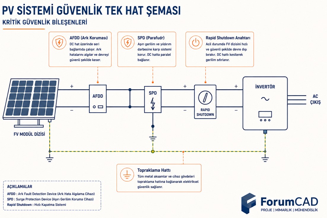 AFDD ark hatası koruma, SPD parafudr ve acil kapatma rapid shutdown şeması