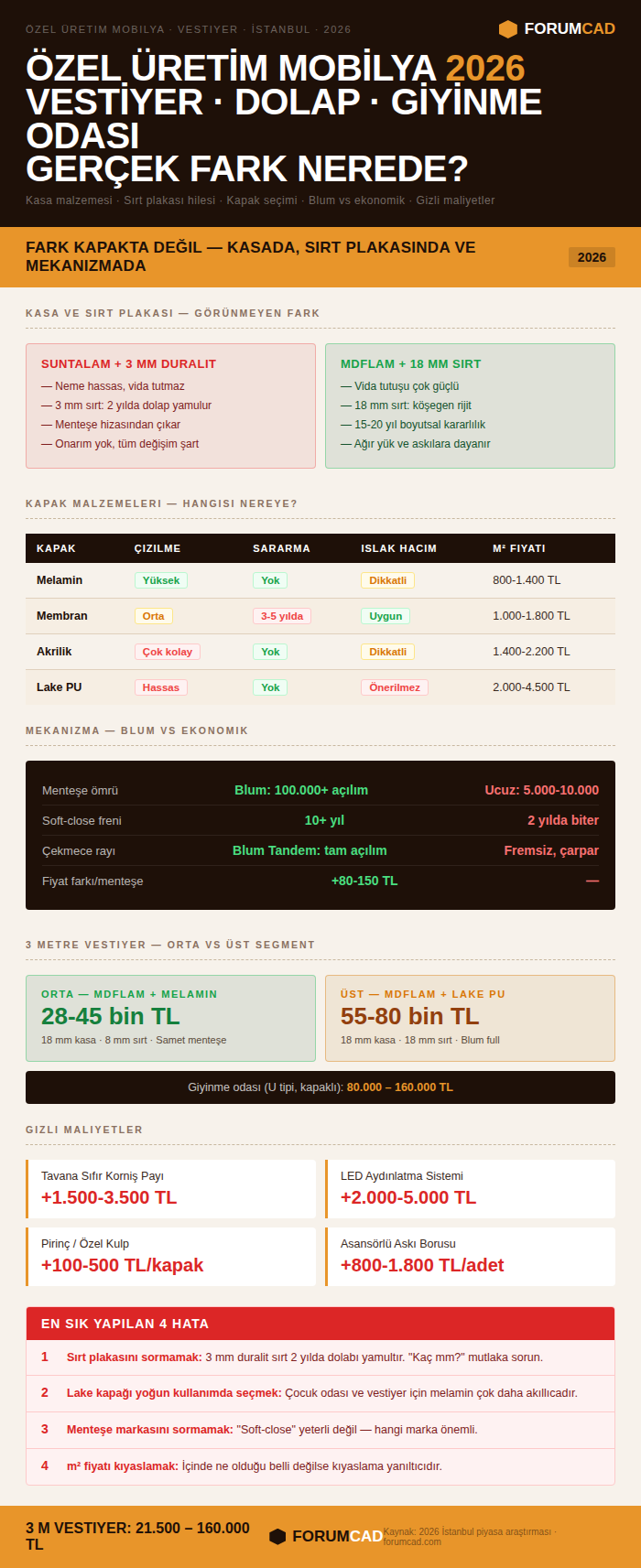 Özel Üretim Mobilya Rehberi 2026: Vestiyer, Dolap, Lake vs Membran ve Gerçek Fiyatlar