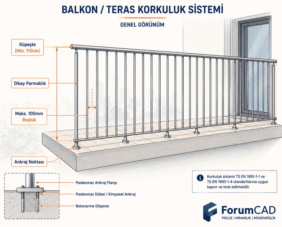 Alüminyum ve paslanmaz korkuluk sistemi genel görünüm, yükseklik ve boşluk ölçüleri