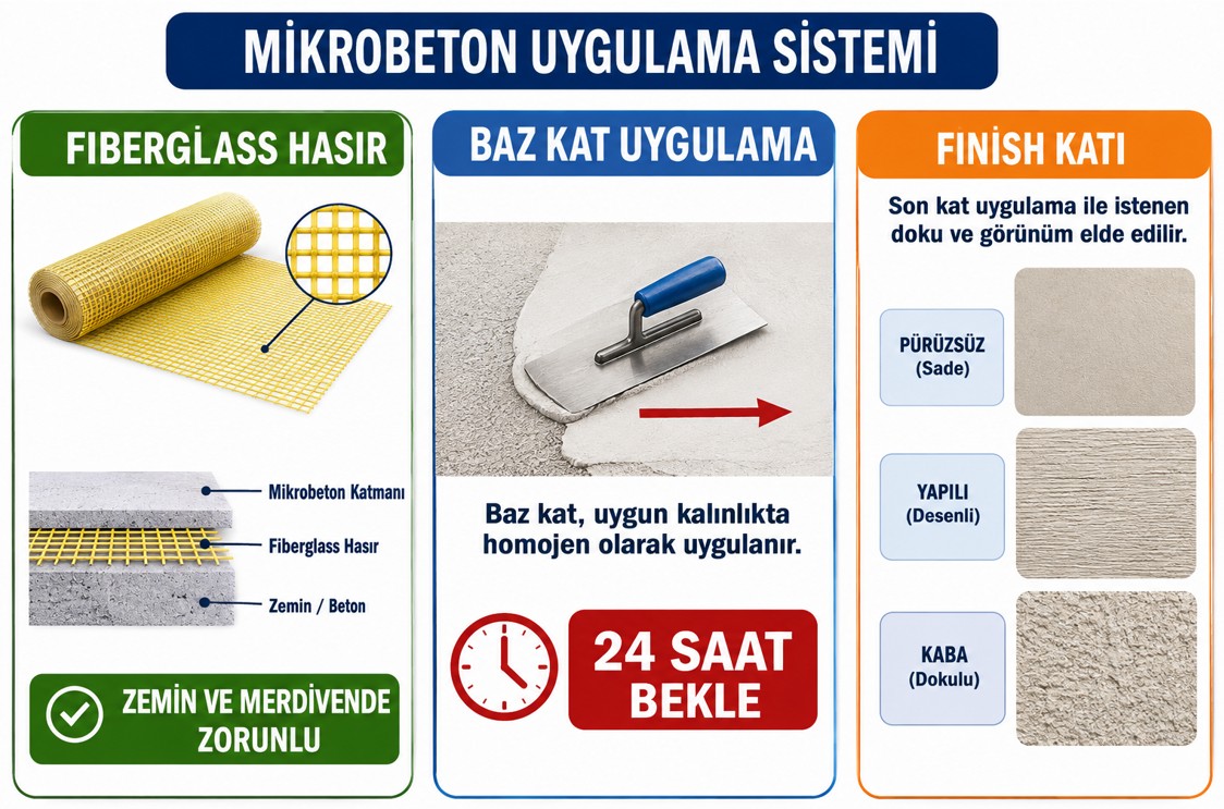 Mikrobeton baz kat spatula uygulaması, fiberglass hasır yerleştirme ve finish katı doku örnekleri — pürüzsüz, yapılı ve kaba yüzey karşılaştırması