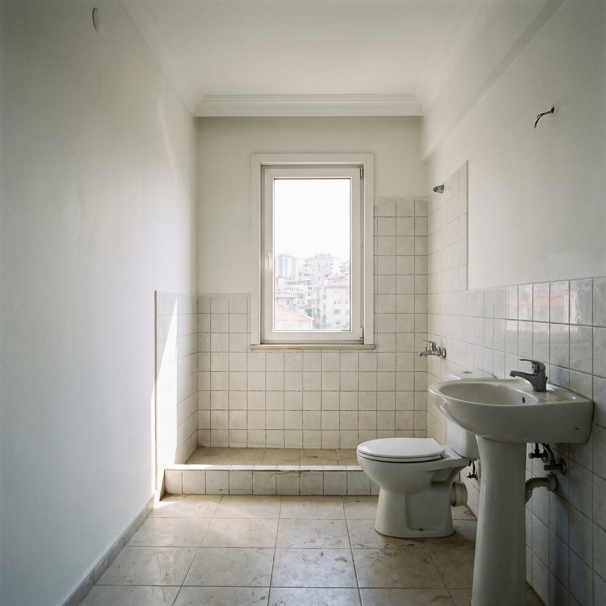 Banyo tadilat öncesi — eski fayans, ayaklı lavabo