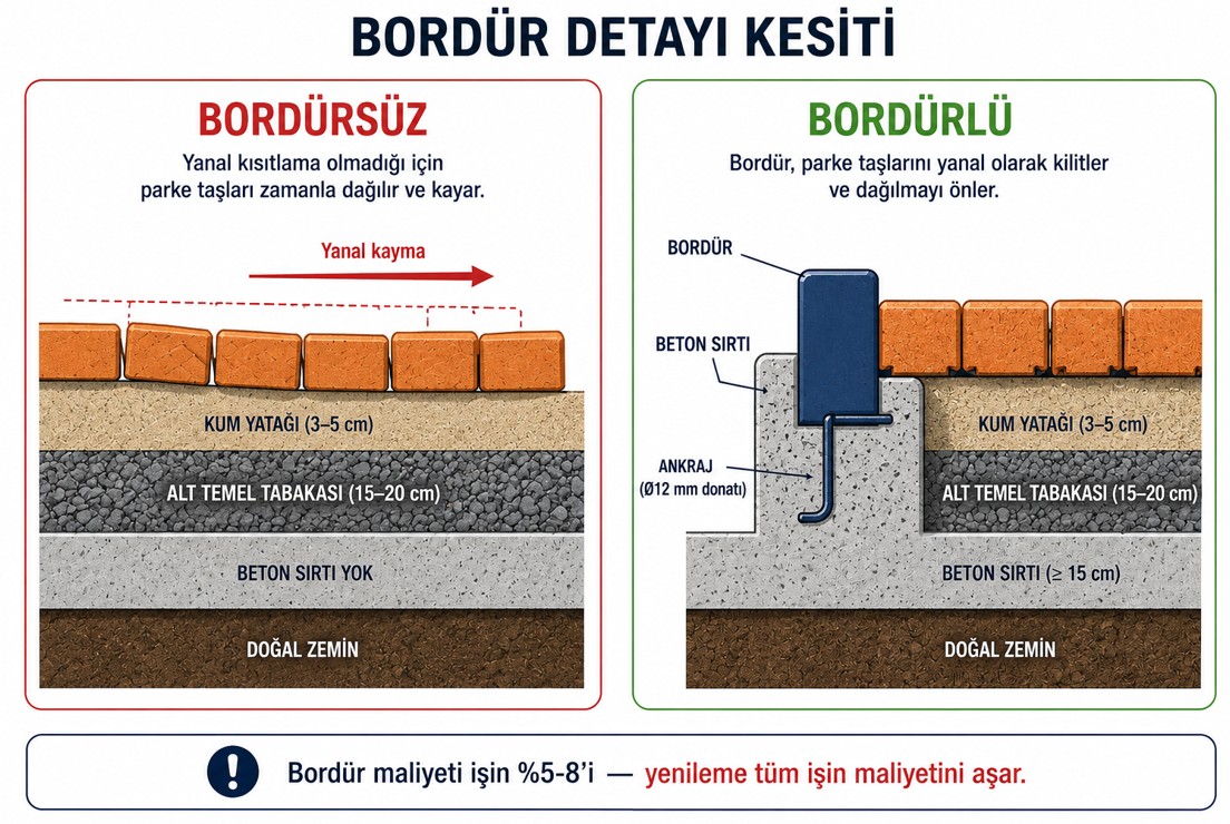 Parke tası bordür detayi — kenar taşı ankraji, beton sirtı ve parke blok oturma hizasi kesit gösterimi