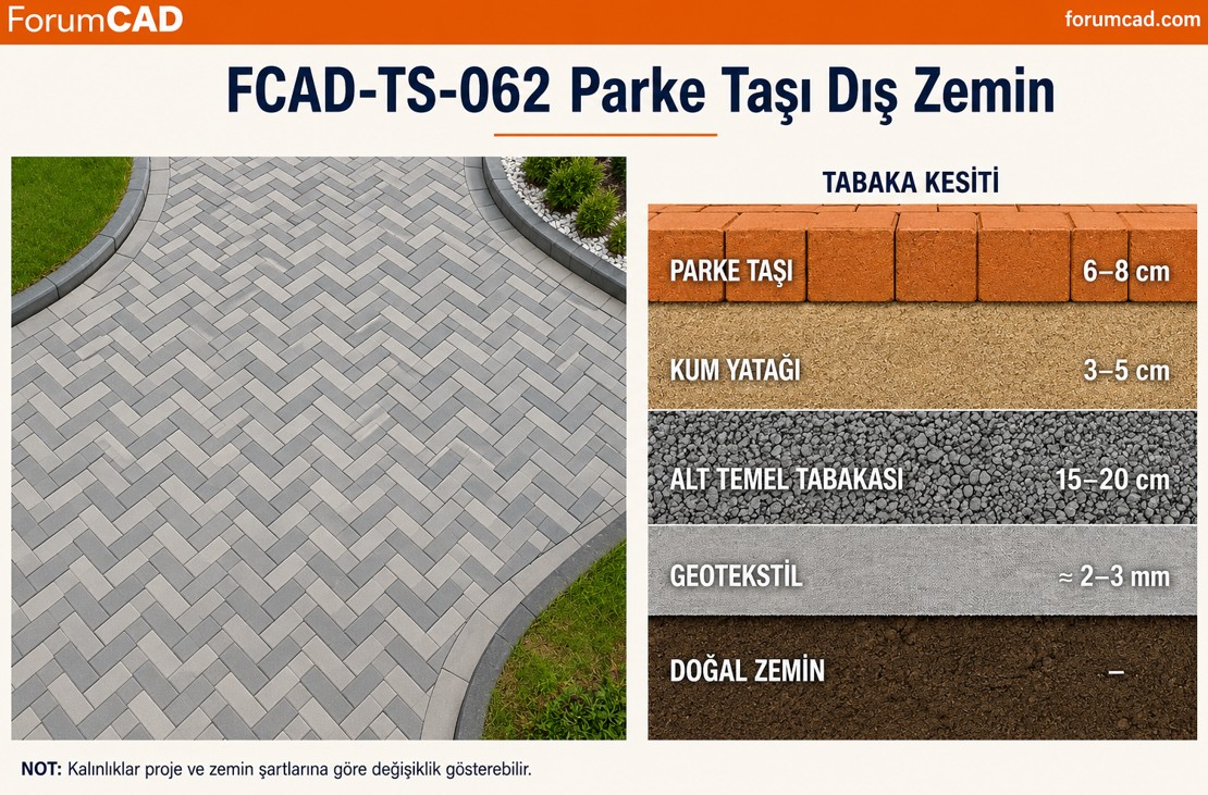 Parke tasi dis zemin dosemesi sahada uygulama — tabaka yapisi kesiti, bordür detayi, kum yatagi ve vibrasyon sikistirma islemleri