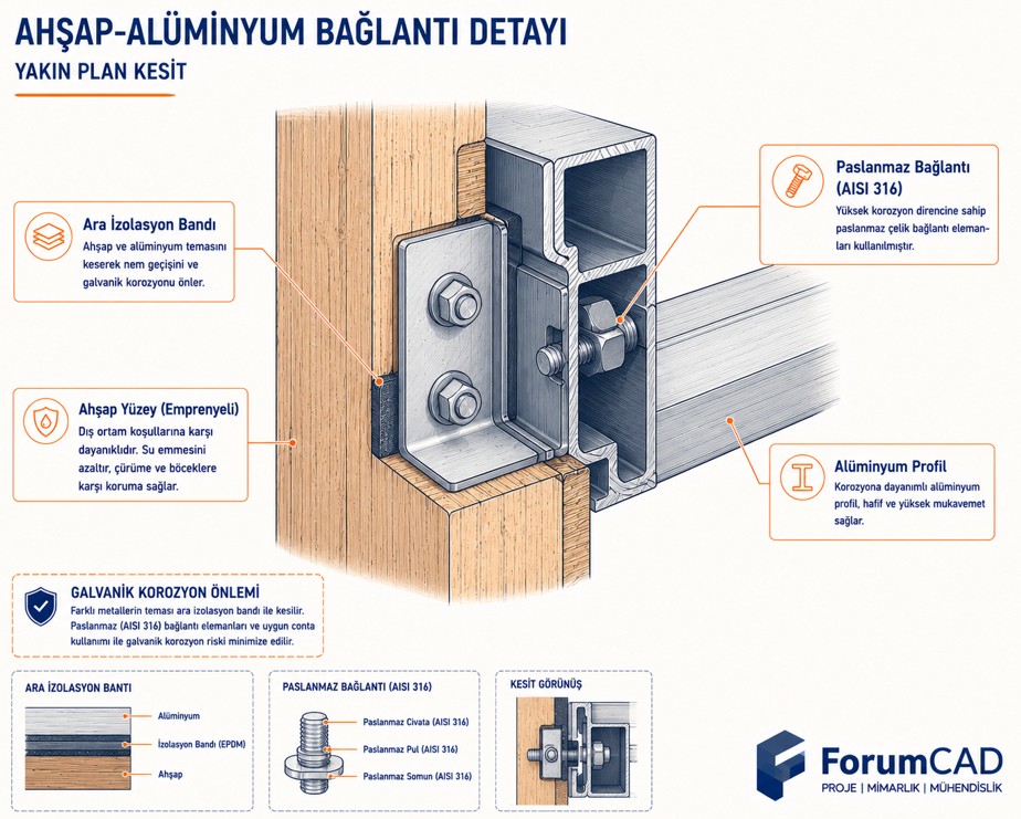 Ahşap alüminyum bağlantı detayı, galvanik korozyon önleyici ara conta