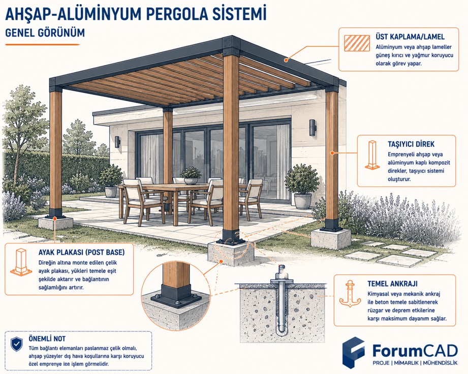 Ahşap ve alüminyum pergola sistemi genel görünüm, temel ankraj ve taşıyıcı direkler