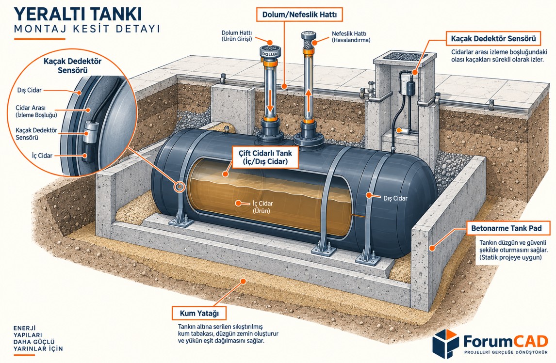 Yeraltı akaryakıt tankı montaj kesit detayı çift cidar kaçak dedektörü tank pad