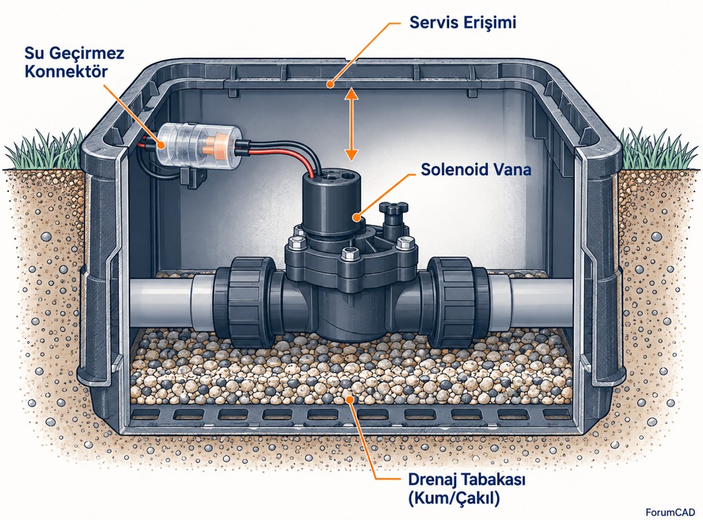 Solenoid vana kutusu montaj detayı su geçirmez kablo bağlantısı