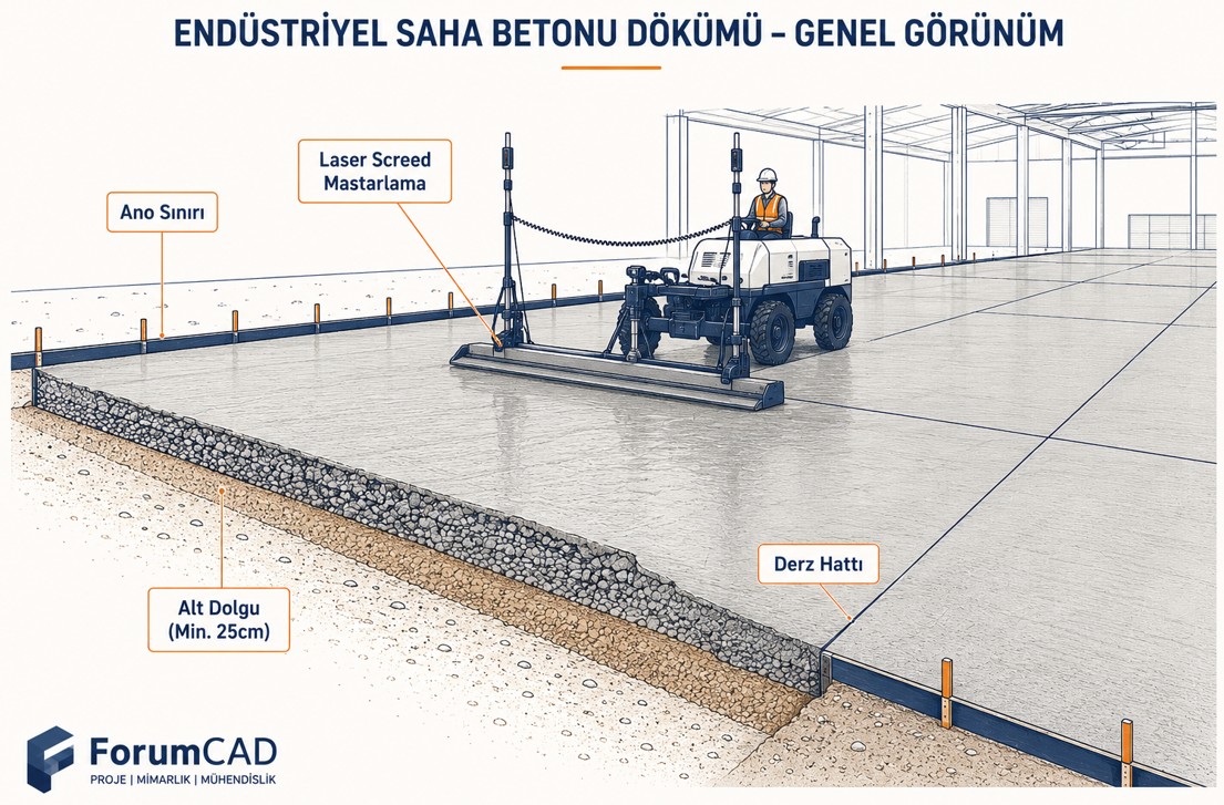 Saha betonu dökümü, laser screed mastarlama ve derz kesimi genel görünüm