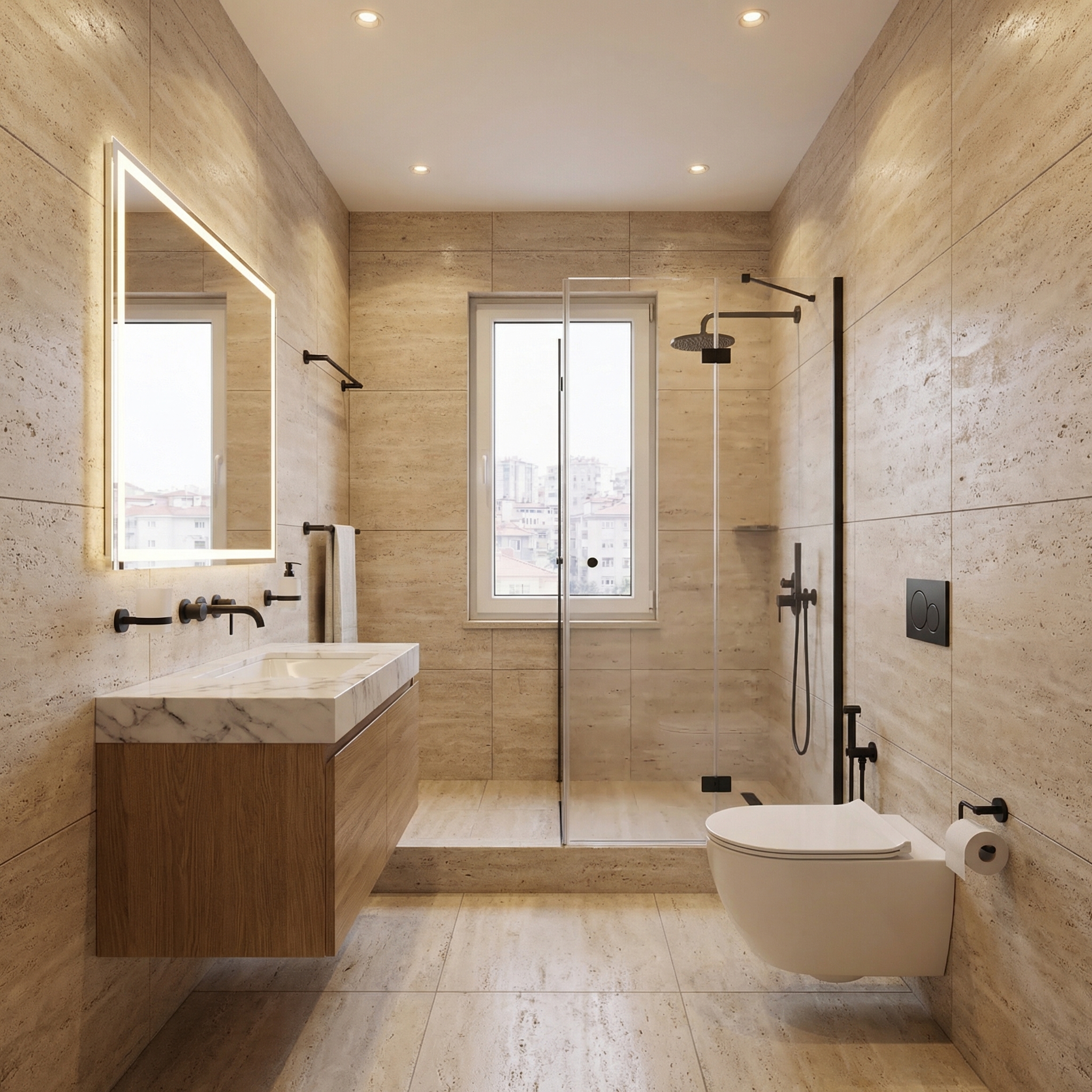 Banyo tadilat sonrası — travertin, walk-in duş, siyah mat armatür
