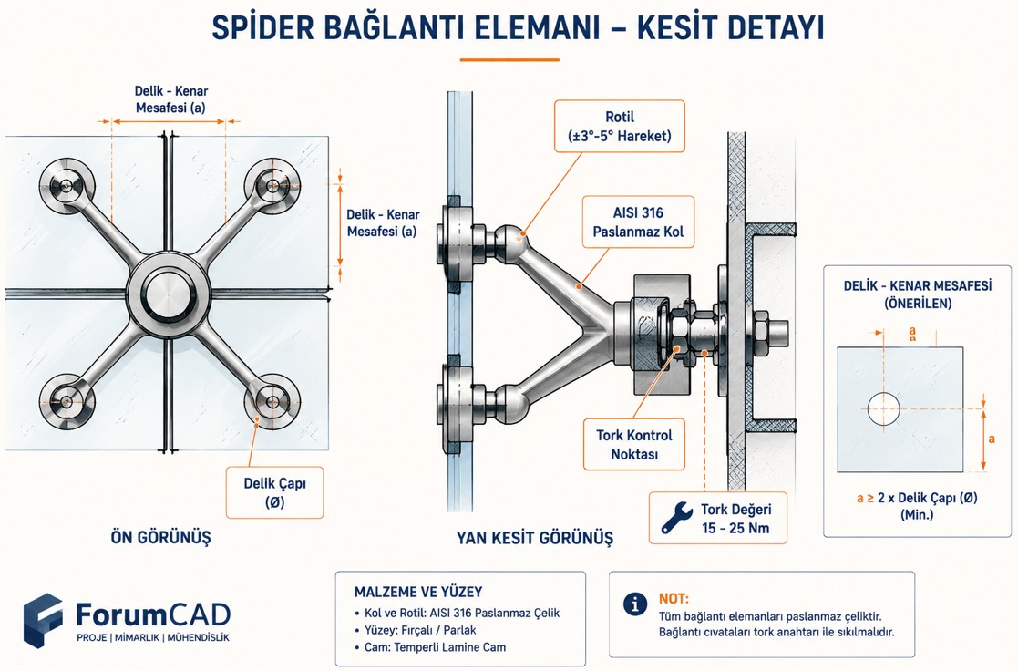 Spider bağlantı elemanı detay kesiti, rotil, cam delik ve kenar mesafesi