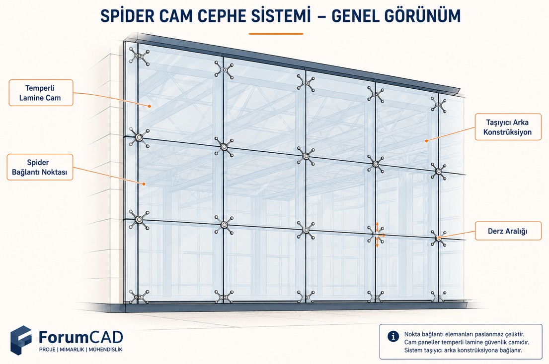 Spider cam cephe sistemi genel görünüm, bağlantı noktaları etiketli