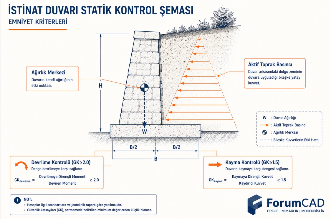 Devrilme kayma taşıma gücü stabilite hesabı şeması, aktif toprak basıncı ve ağırlık merkezi