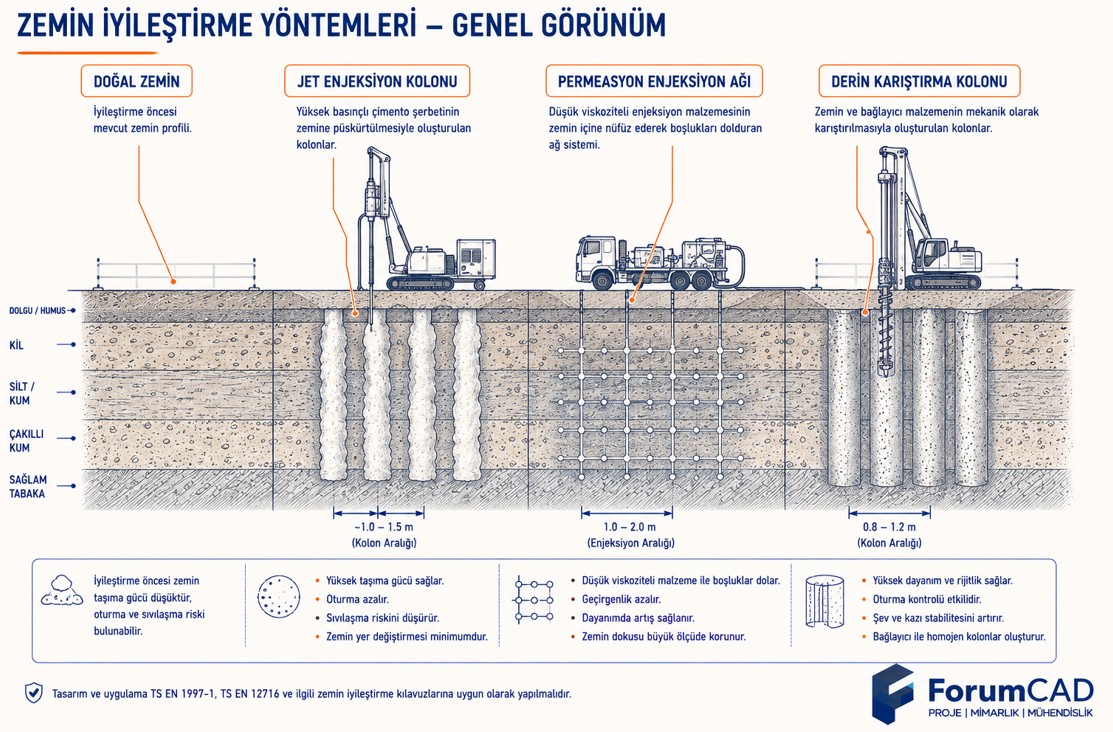 Zemin iyileştirme enjeksiyon jet grouting kolon dizilimi genel görünüm